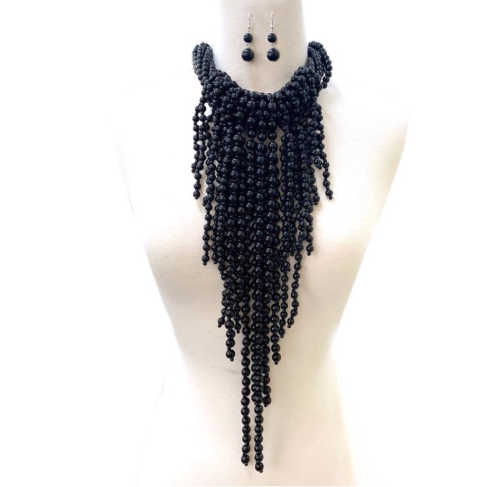 Traci Lynn Dramatic Black Beaded Necklace Set